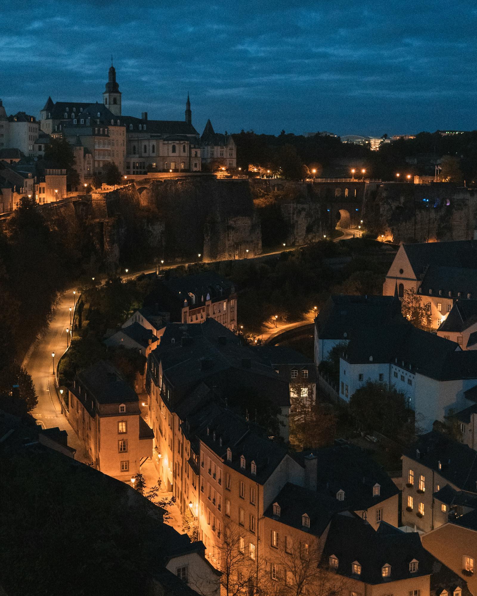 Luxembourg City illuminated at night.