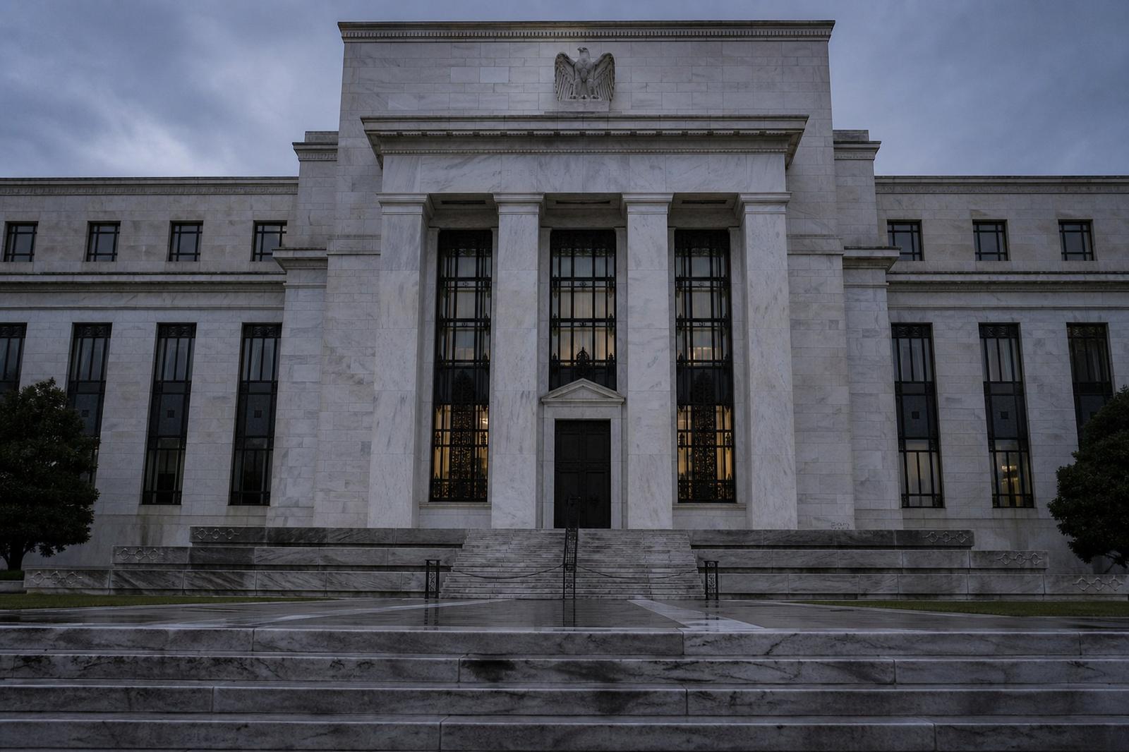 Die weisse Marmorfassade des Gebaeudes der US-Notenbank in Washington in der Abenddaemmerung, mit leeren Stufen und hohen Saeulen.