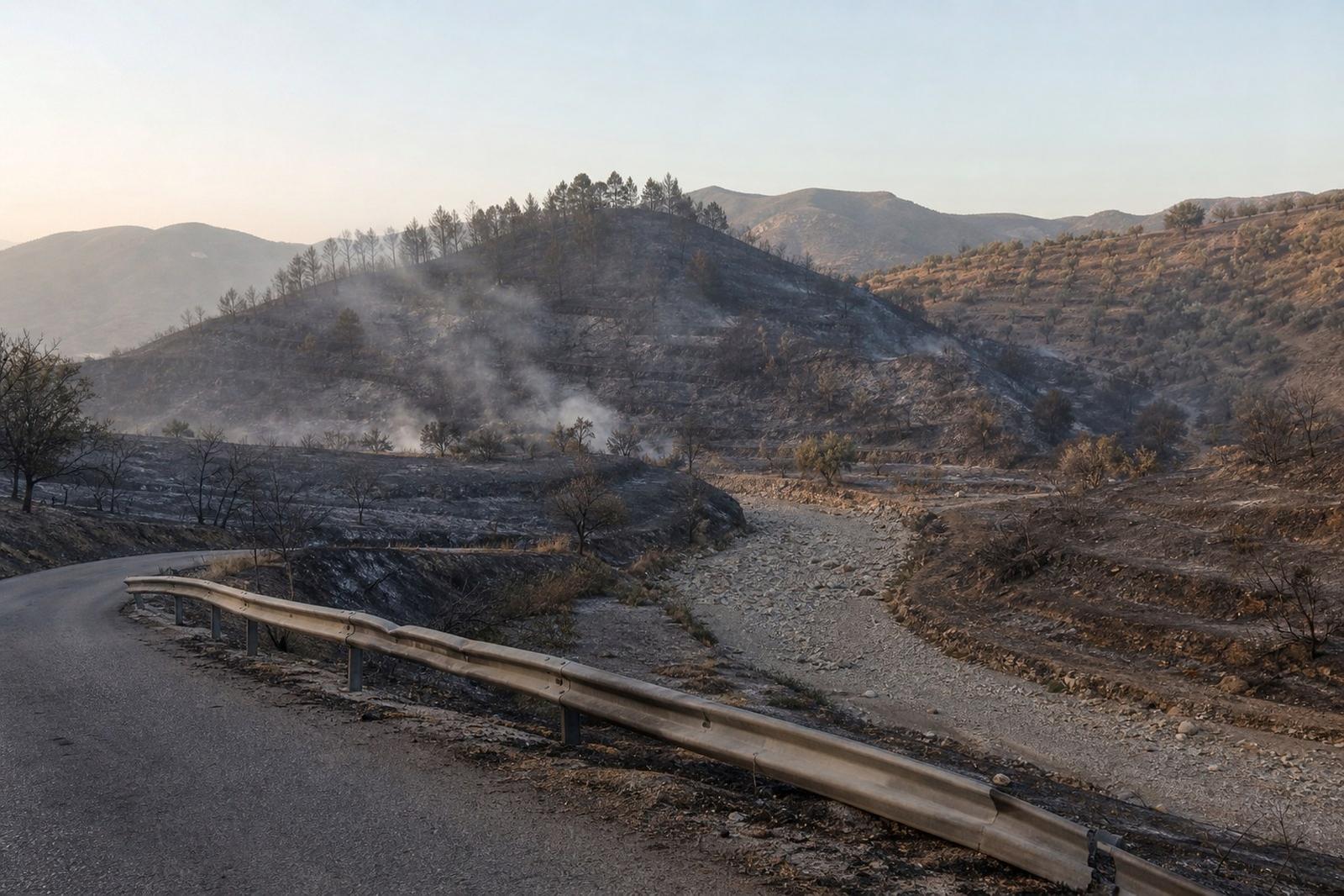 Blackened hillside and a dry riverbed after a wildfire in Almería province, southern Spain, with smoke still rising at dawn.