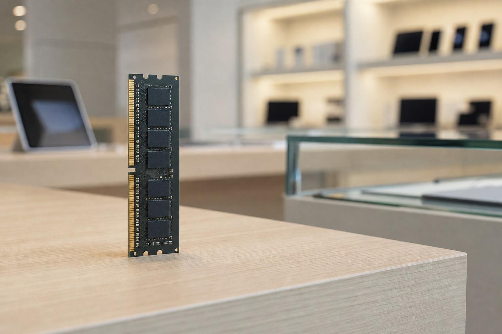 A single DRAM memory module standing on a minimalist retail counter under a spotlight.