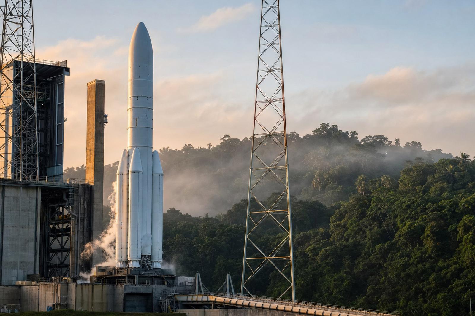 Eine Ariane-6-Schwerlastrakete bei Tagesanbruch auf der Startrampe in Französisch-Guayana, von Dampfschwaden umgeben.