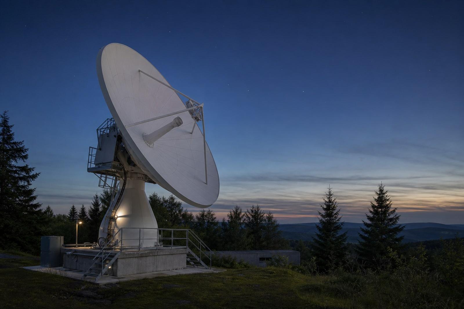 A large white satellite ground-station dish on a wooded plateau at dusk, tilted toward a darkening sky.