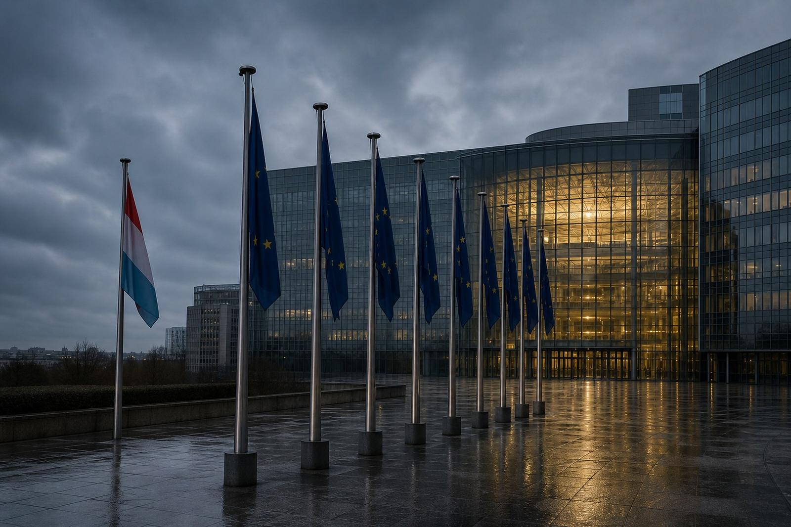 Das Europa-Gebäude des EU-Rats in Brüssel in der Abenddämmerung, die gläserne Laterne erleuchtet, davor leere Fahnenmasten.