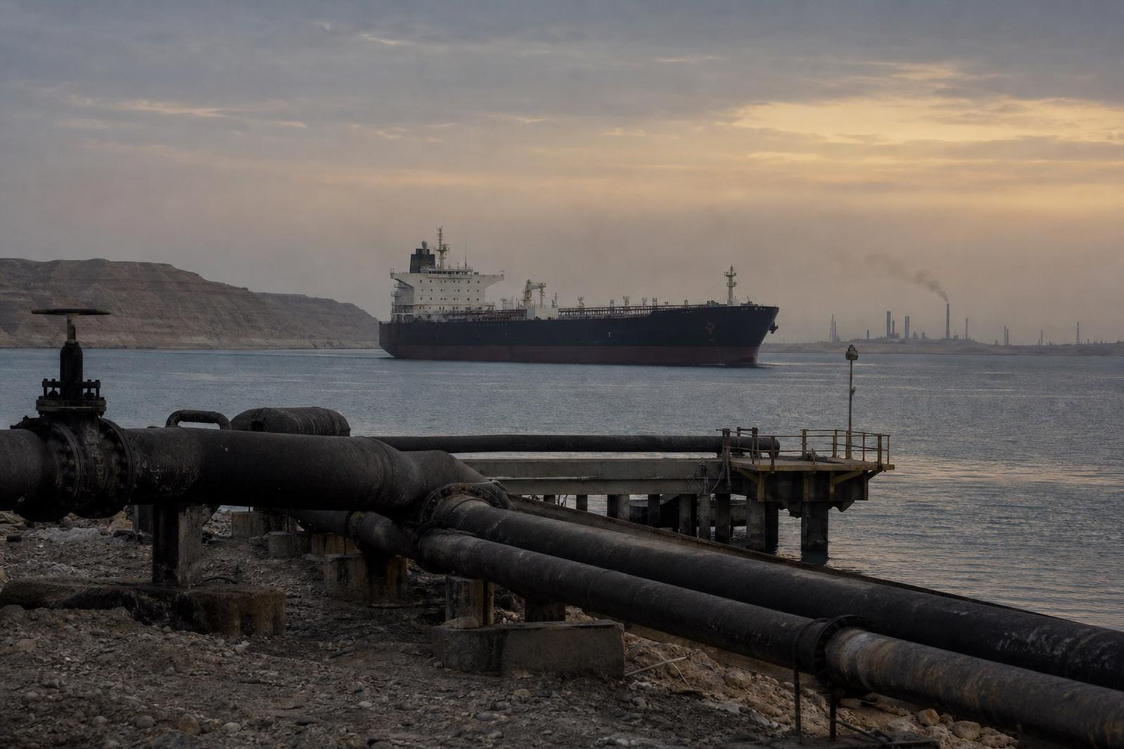 Un pétrolier au-delà de conduites sur un quai désert du Golfe à l’aube.