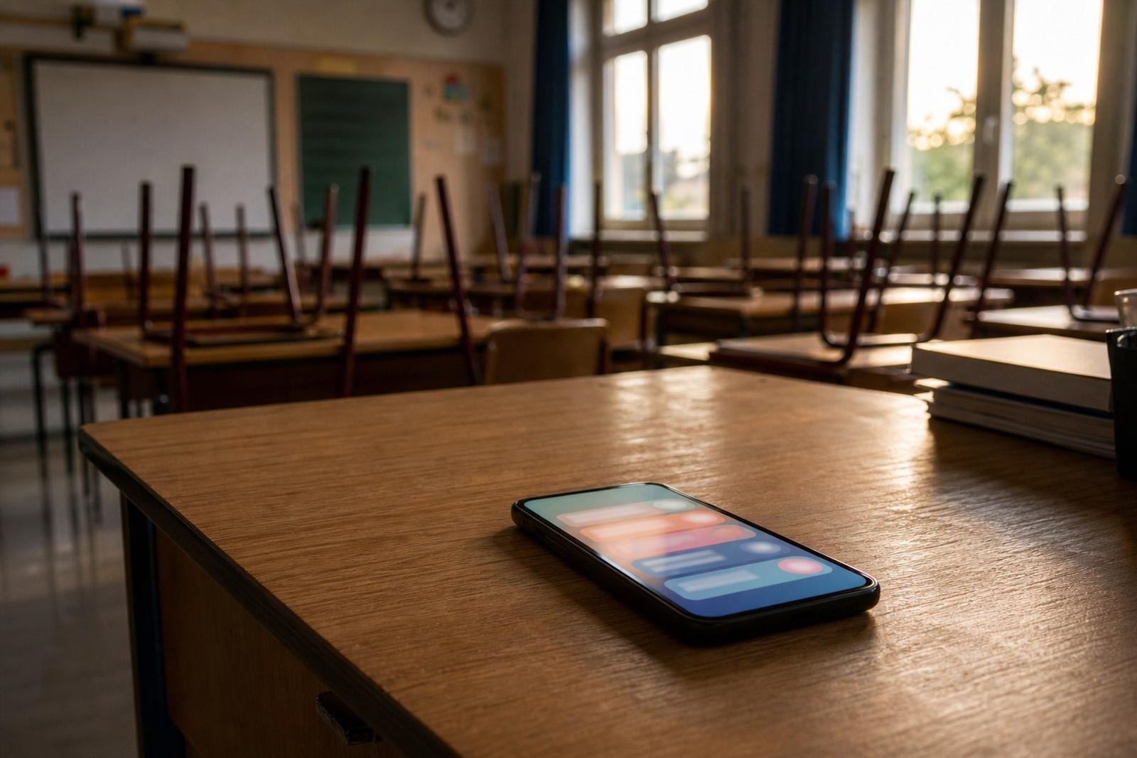 A lone smartphone glowing on an empty desk in a deserted, sunlit primary-school classroom at the end of the day.