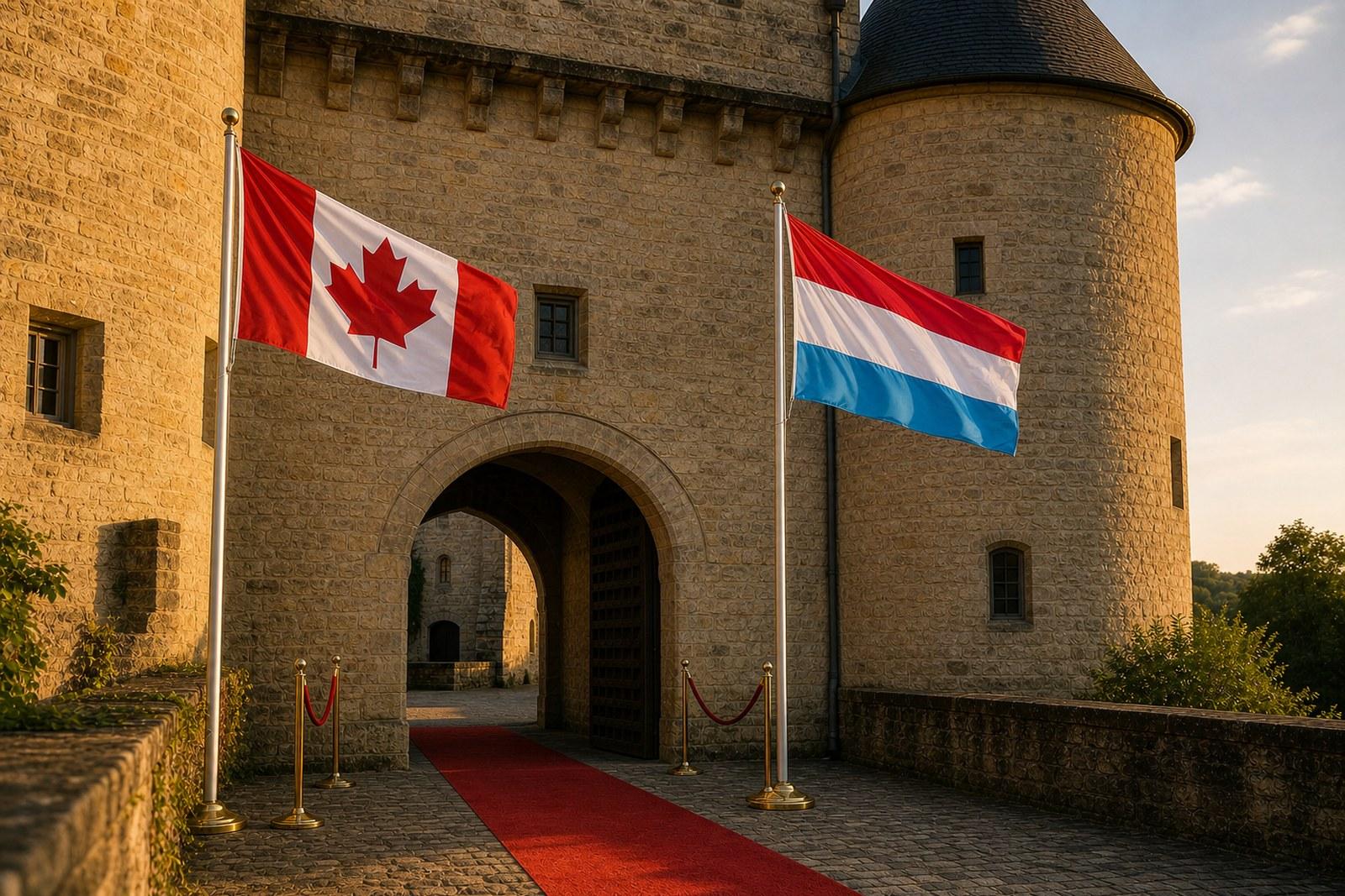 De steenent Portal vum Schlass Burglënster mat enger kanadescher an enger Lëtzebuerger Fändel niefteneen iwwer engem eidele roude Teppech an der Owesdämmerung.
