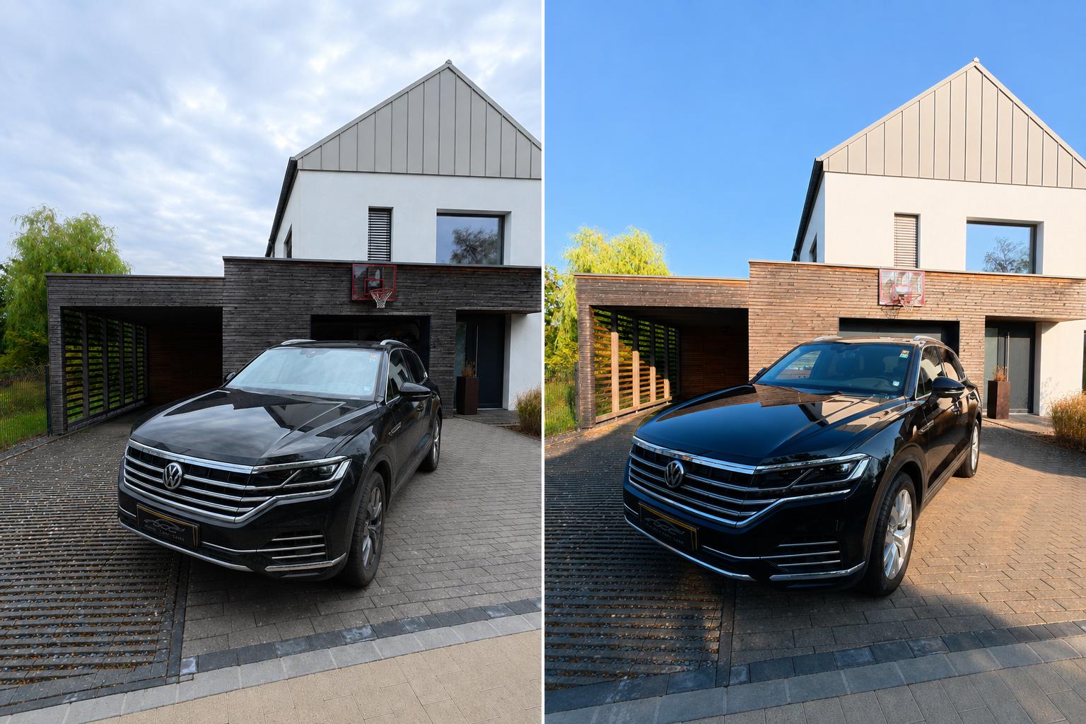 Ein schwarzer VW Touareg vor und nach der Aufbereitung bei Ducal Car Care: links matter, stumpfer Lack, rechts tiefer Glanz.