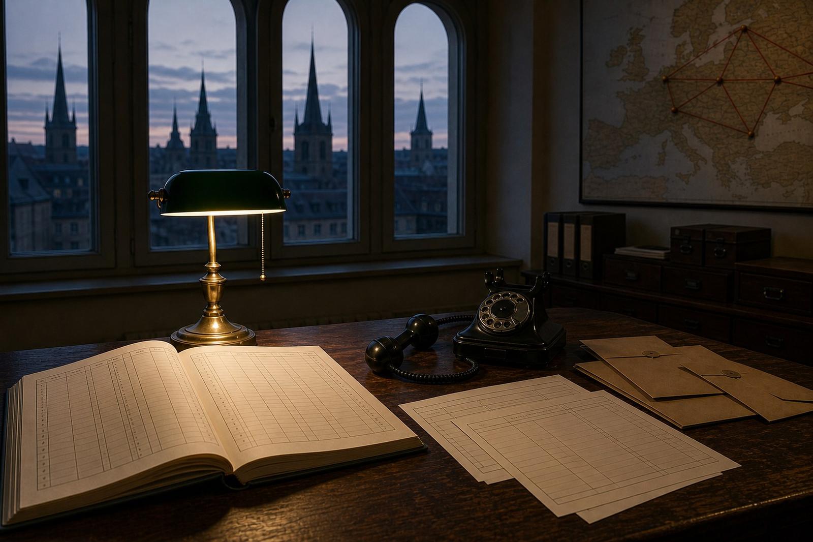 A dimly lit, empty office at dusk: a desk lamp, an open accounting ledger and an old desk telephone off the hook, with tall windows showing Luxembourg City's old-town skyline.