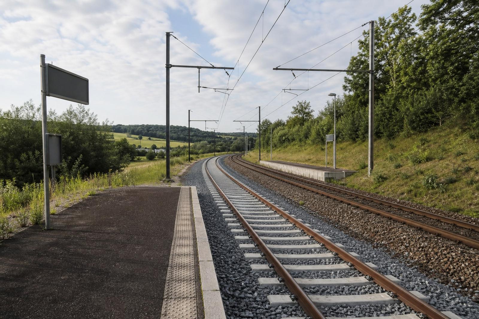 Eng eidel Bunnestreck an e leere Quai op der Streck Lëtzebuerg–Diddenuewen am Summerliicht.