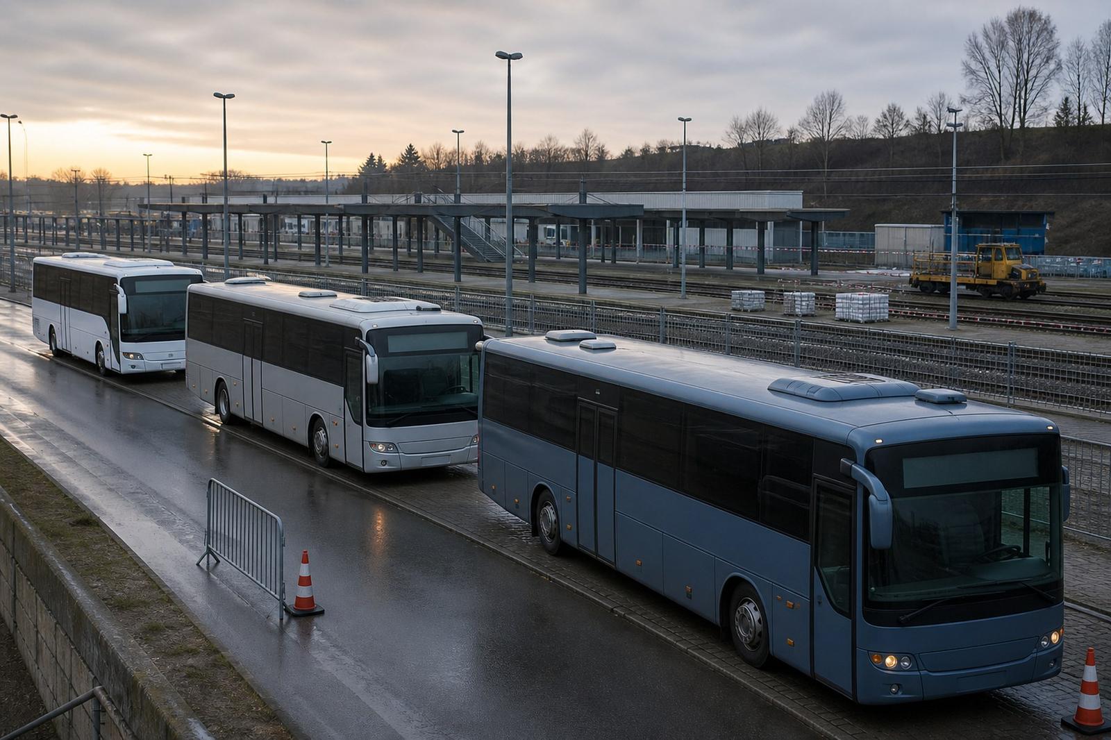 Des bus de substitution attendent près de quais ferroviaires vides à Luxembourg.
