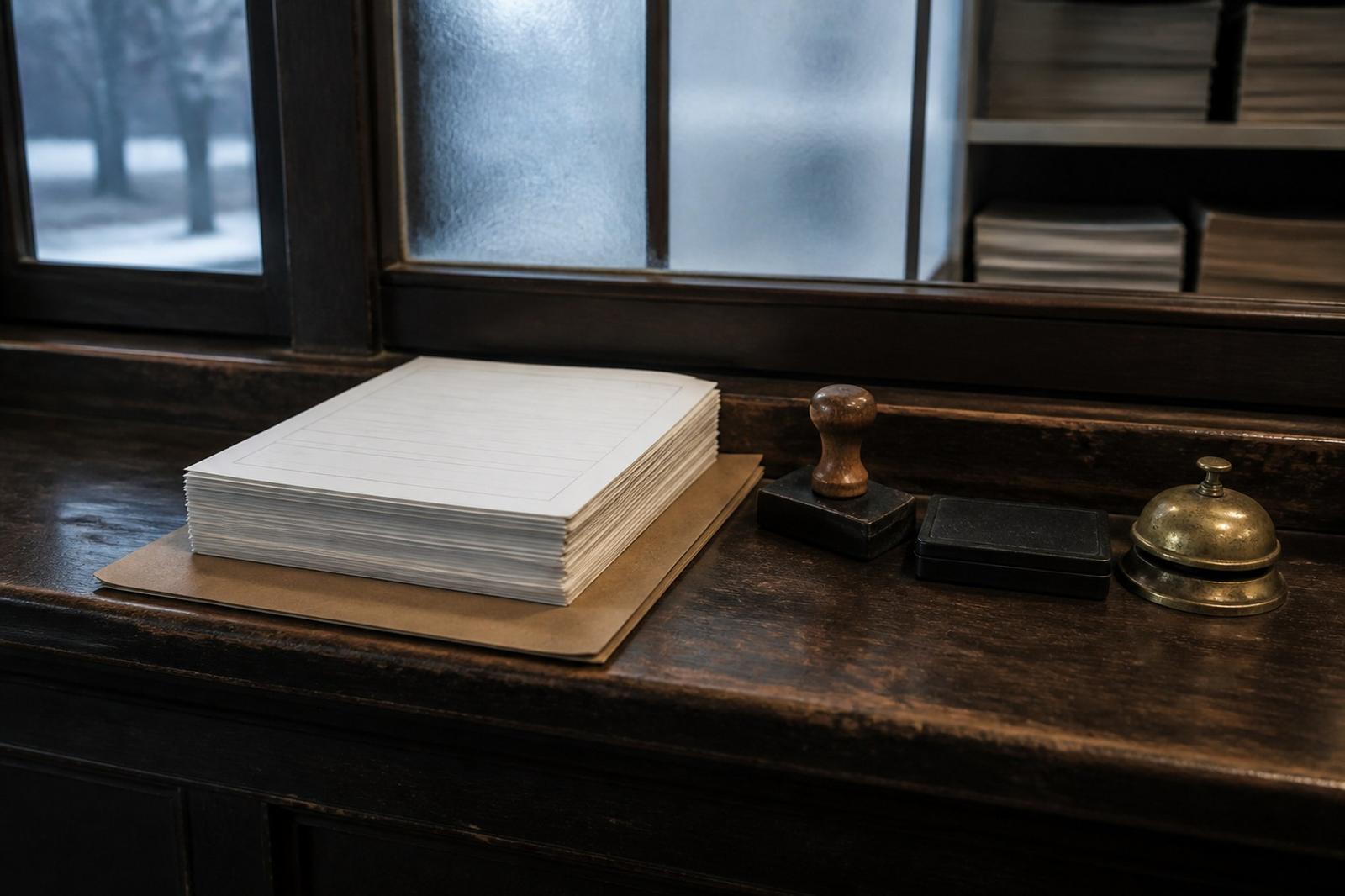 Ein Datumsstempel, ein Stempelkissen und eine Messingglocke neben einem Stapel unbedruckter Formulare auf dem abgenutzten Holztresen eines Handelsregisters.