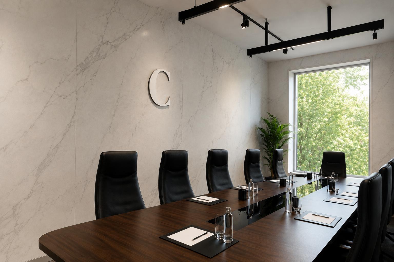A marble-walled boardroom with a large sculpted letter “C” on the wall, black leather chairs along a dark wooden conference table set with leather pads, pens and water carafes, beside a window onto green trees.