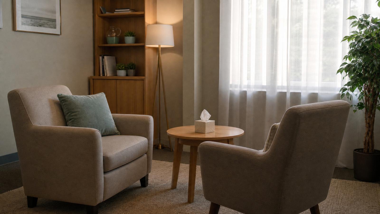 Quiet counselling room with a phone and support documents for victims of violence.