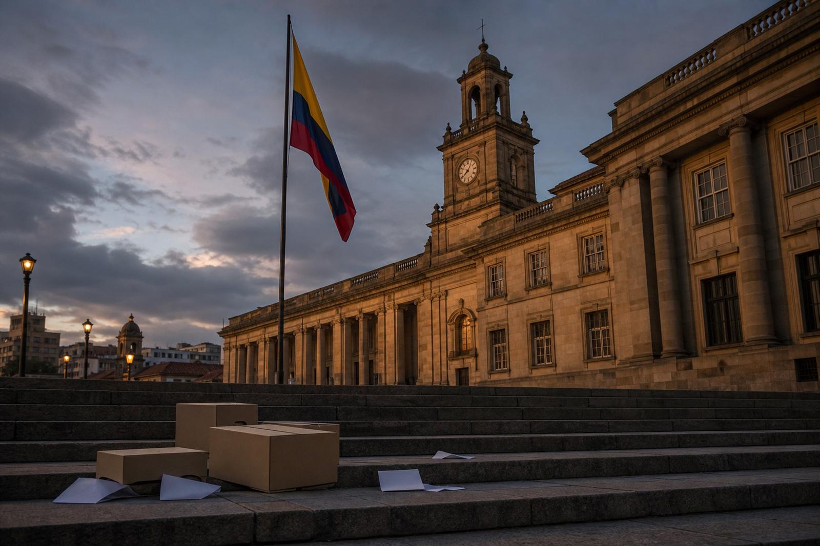 Eng kolumbianesch Fändel um Mast iwwer engem kolonialen Regierungsgebai zu Bogotá an der Dämmerung.