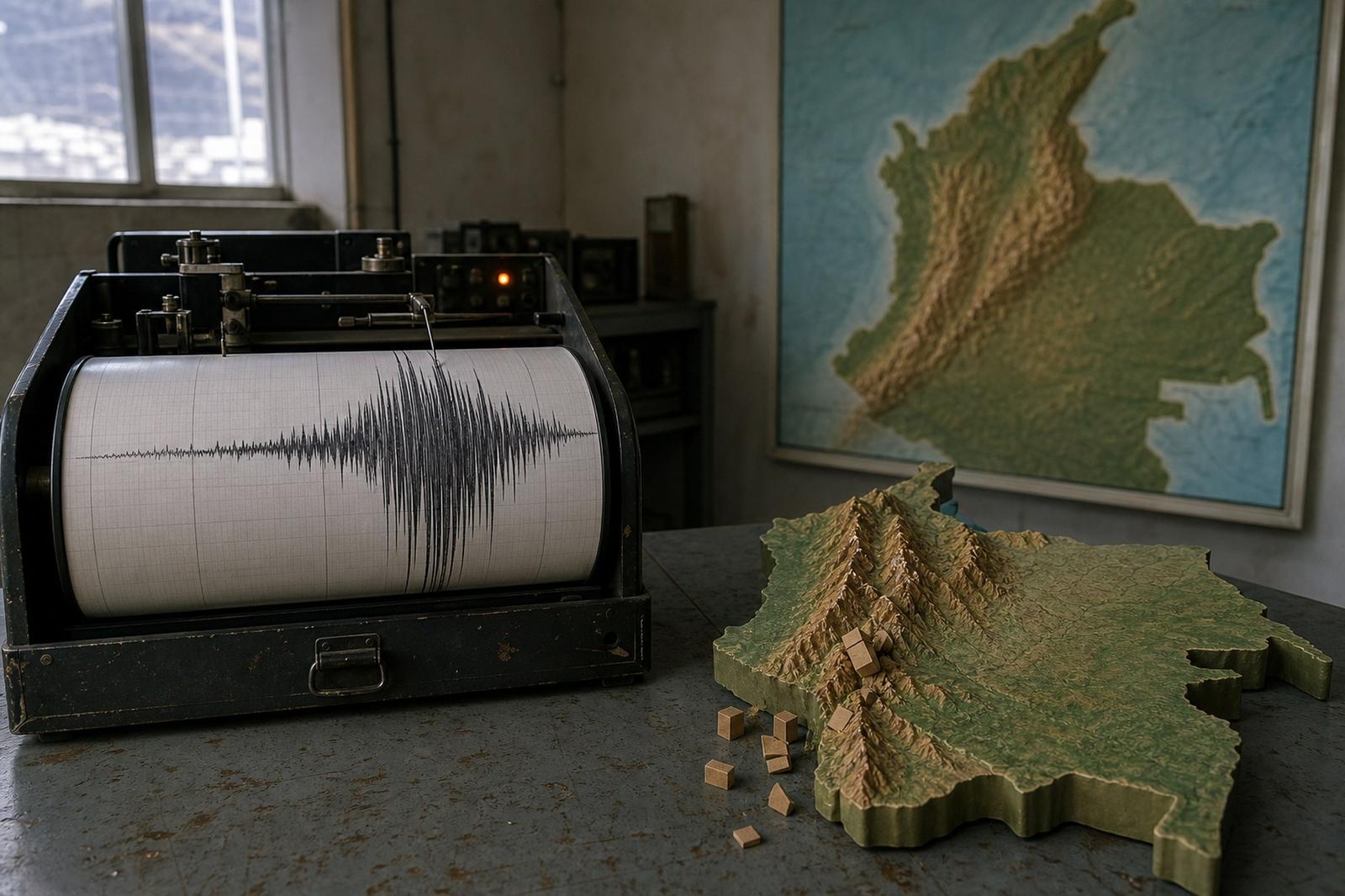 Ein Seismograf zeichnet starke Bodenbewegungen neben einem Relief Westkolumbiens auf.