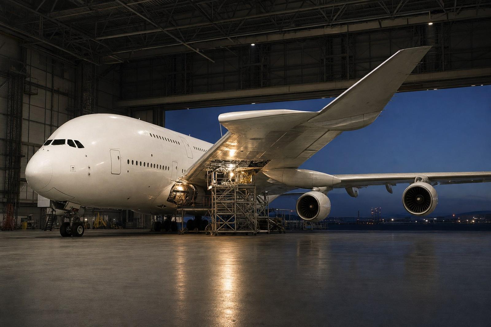 An unmarked double-decker airliner inside a maintenance hangar, scaffolding raised beneath its wing under work lights.