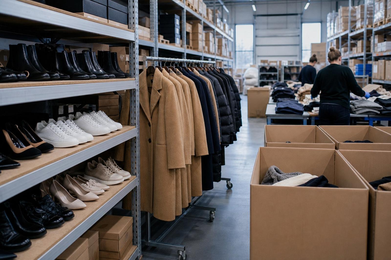 Unbranded clothes and shoes being sorted for reuse inside a warehouse.