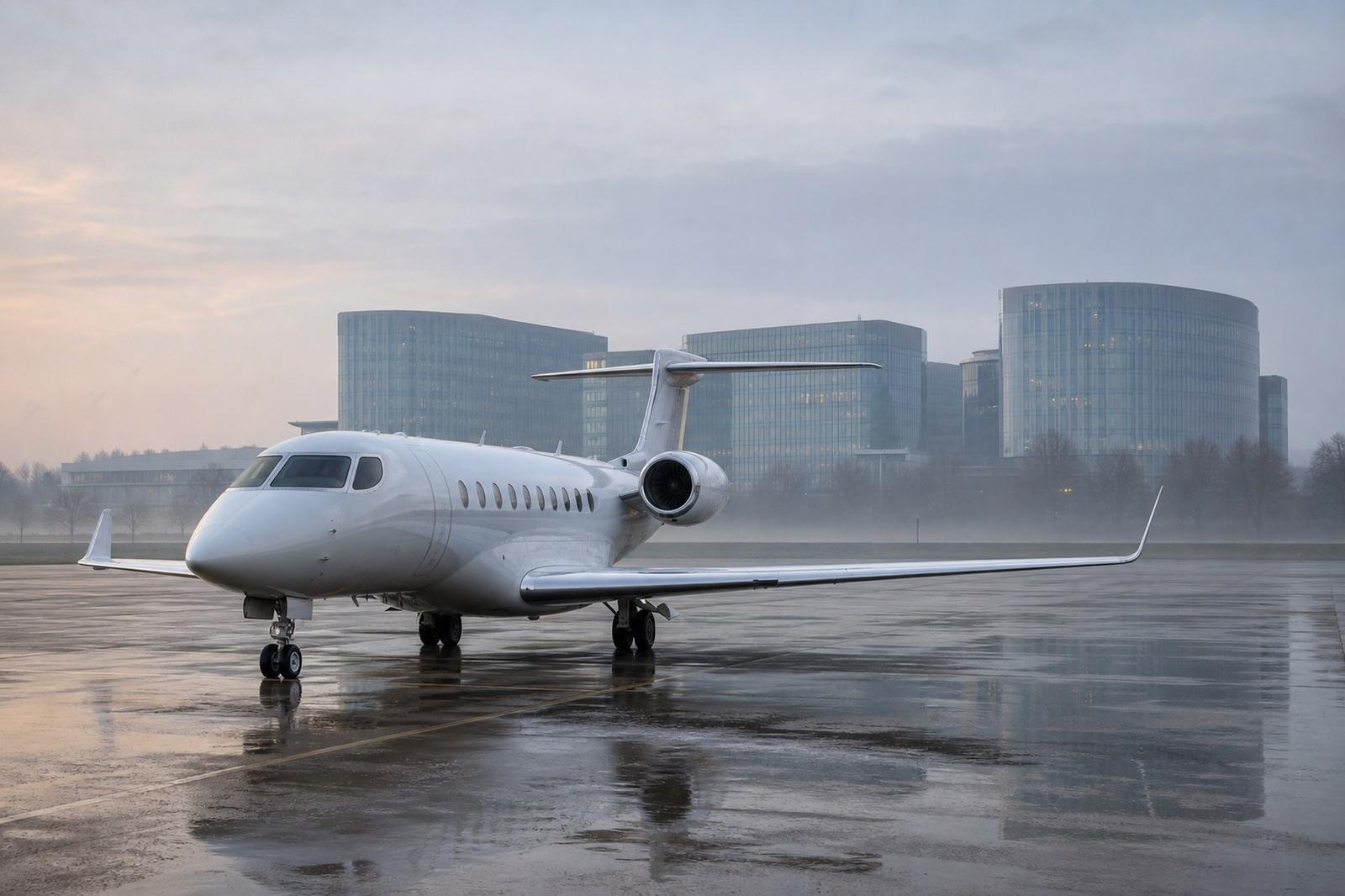 An unmarked white business jet on an empty airport apron at dawn, with glass office towers in the distance.