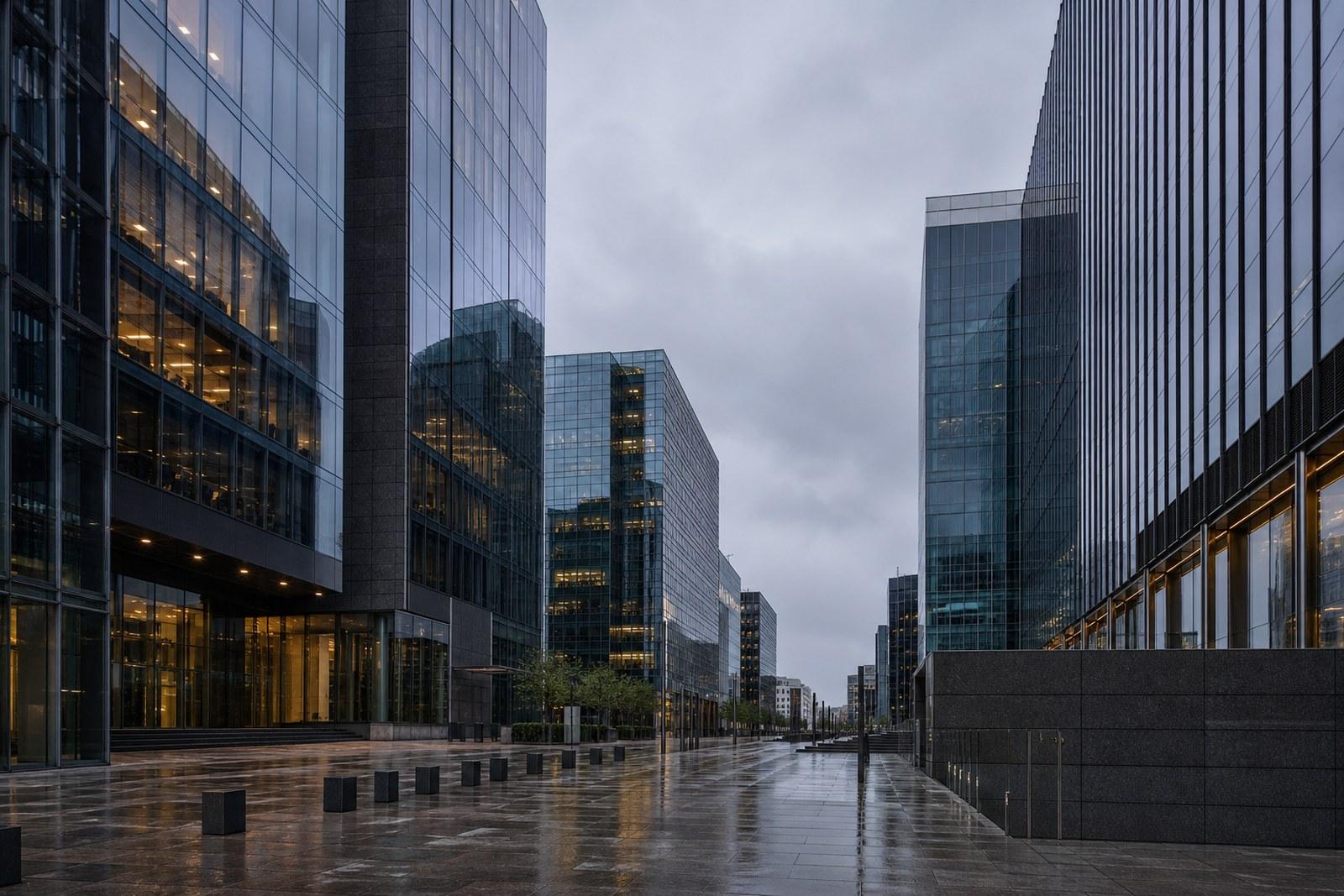 Mirrored glass bank towers in Luxembourg's Kirchberg district at dusk, reflecting an overcast sky.