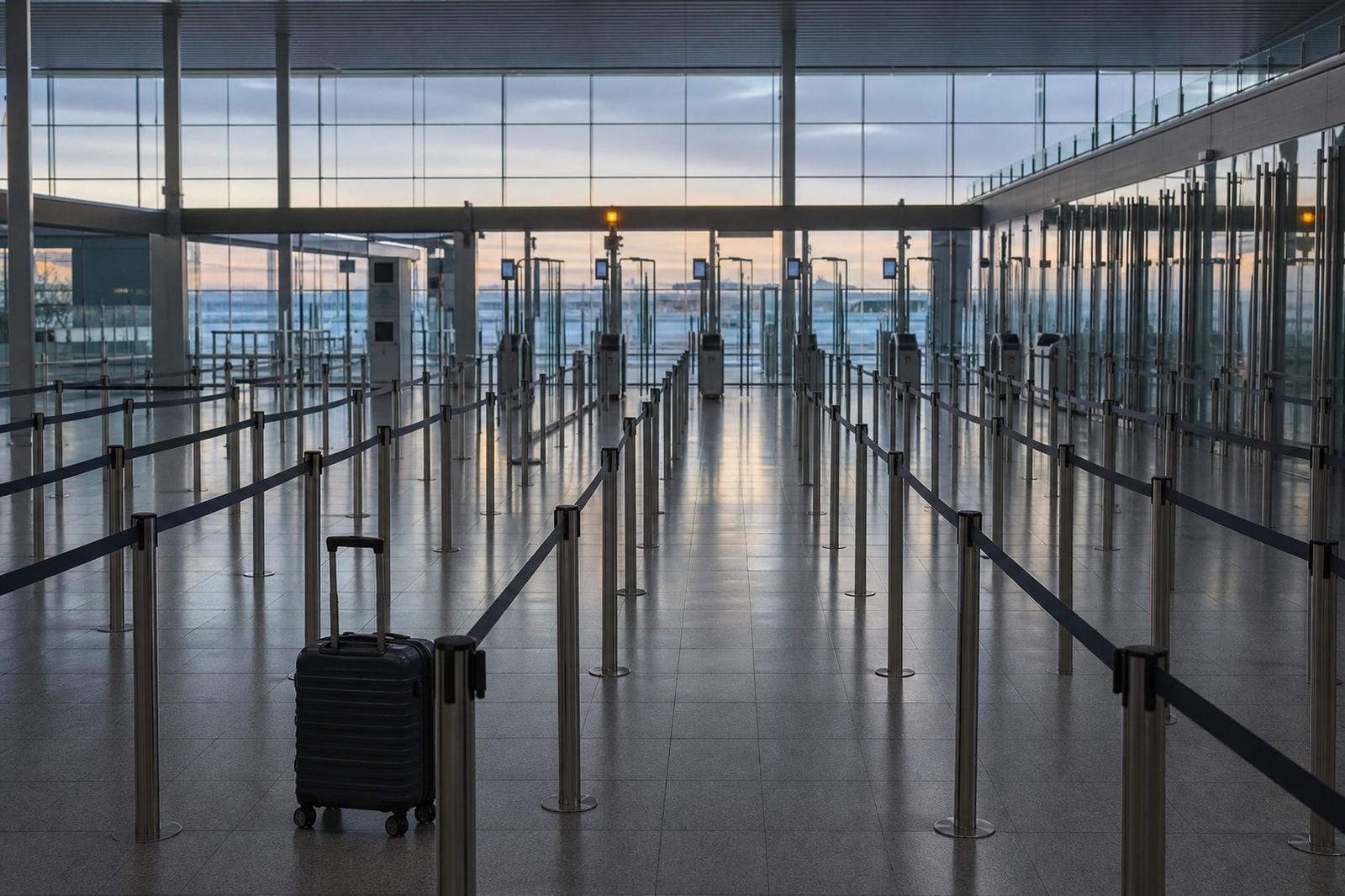 Winding queue barriers leading to automated biometric border gates in an empty airport hall
