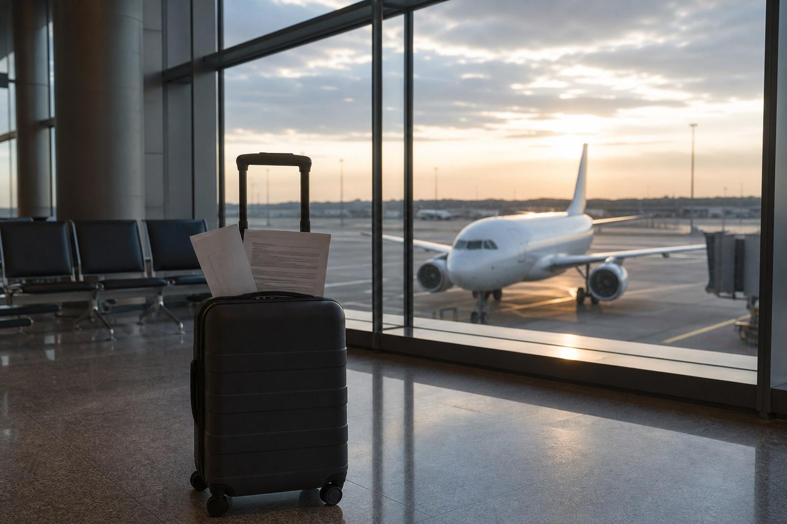 Unbranded cabin suitcase at an airport gate with a passenger aircraft outside.