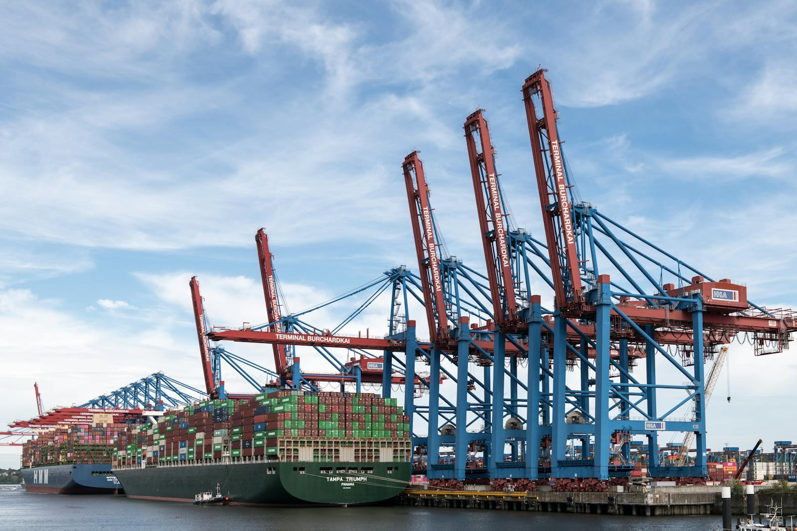 Container ships and cranes at the Port of Hamburg.