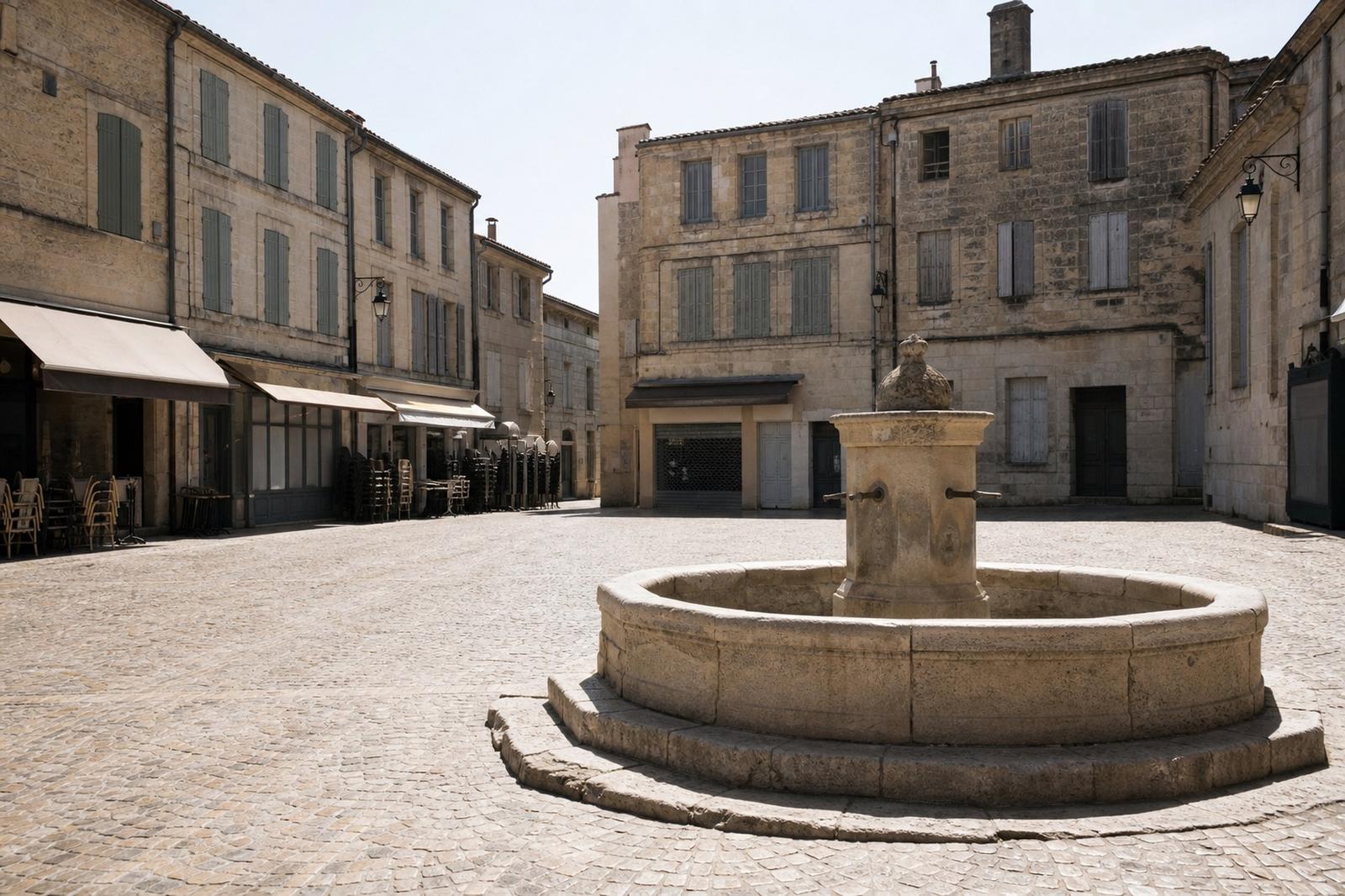 E lidderege, vun der Sonn ausgedréchnete Stadplaz um Mëtteg mat engem dréchene Brunnen an der Hëtzt, déi iwwer dem Pavé flömmert.