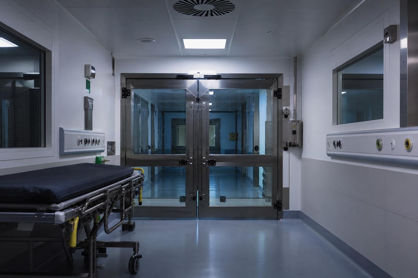 A deserted hospital biocontainment airlock with sealed steel-and-glass doors and an empty gurney under cold light.