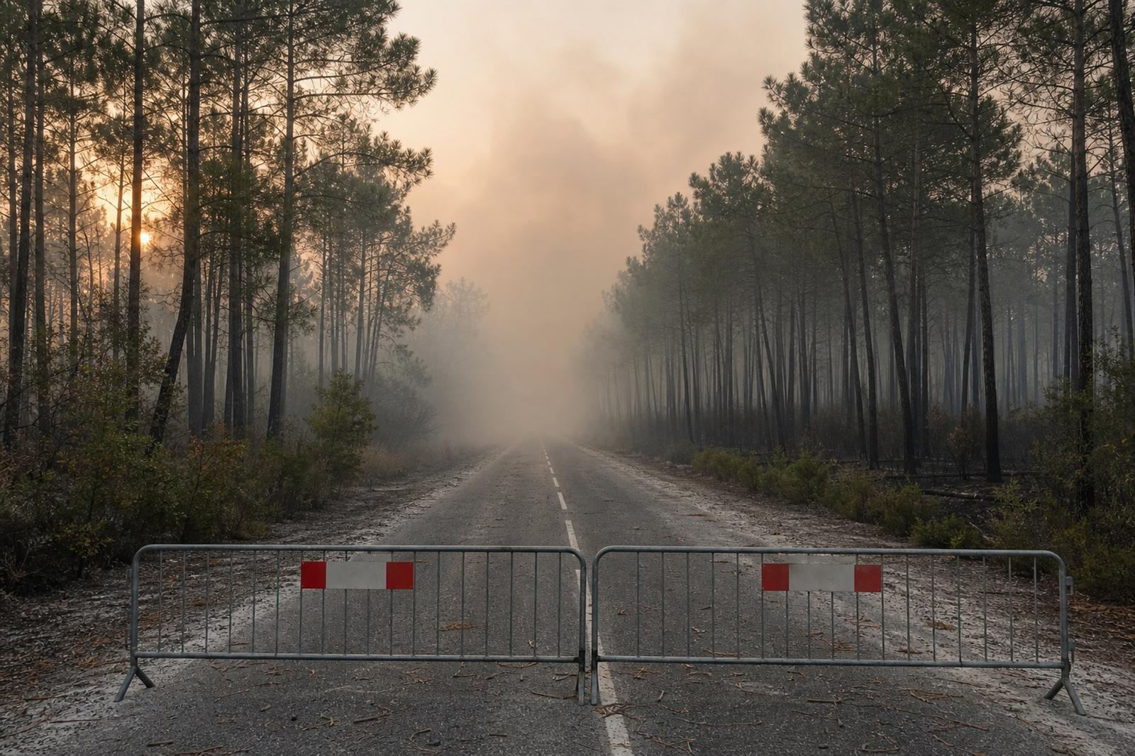 Illustrative ash-covered road through a smoke-filled Atlantic pine forest.