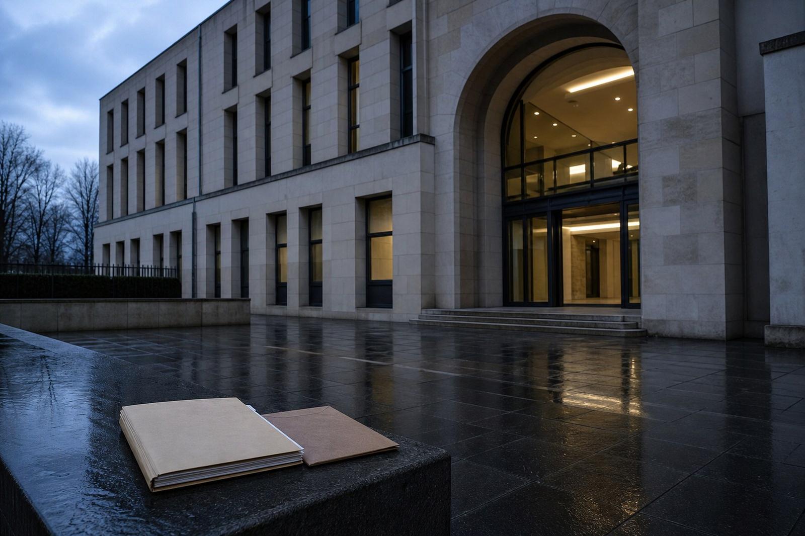 Der beleuchtete Eingang der Cité judiciaire in Luxemburg-Stadt vor Tagesanbruch.