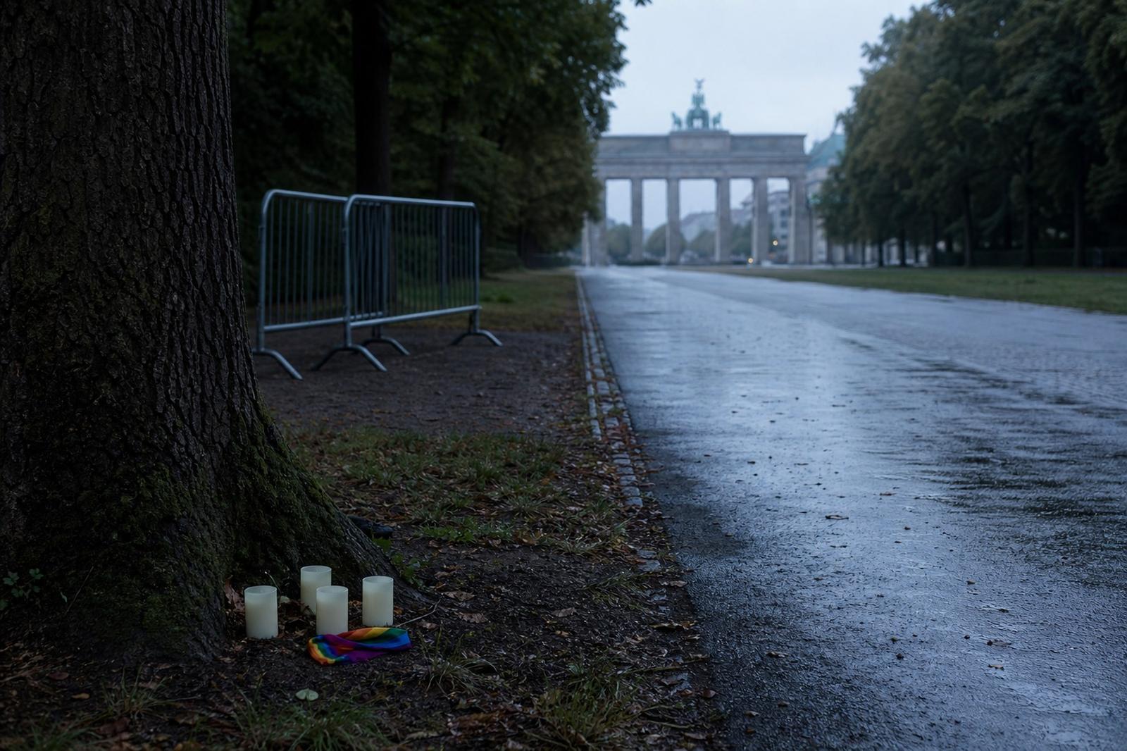 Une allée vide du Tiergarten à Berlin, bordée de barrières, avec un ruban arc-en-ciel et la porte de Brandebourg au loin.