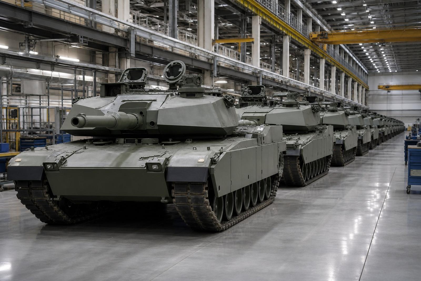 Rows of unmarked main battle tanks inside a large, brightly lit assembly hall.