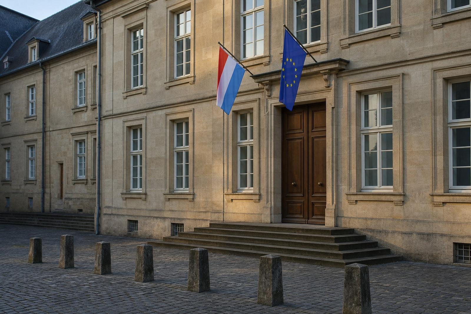 Die steinerne Fassade eines Luxemburger Regierungsgebäudes in der Altstadt bei Tagesanbruch, mit reglos hängenden Fahnen über einem geschlossenen Portal.