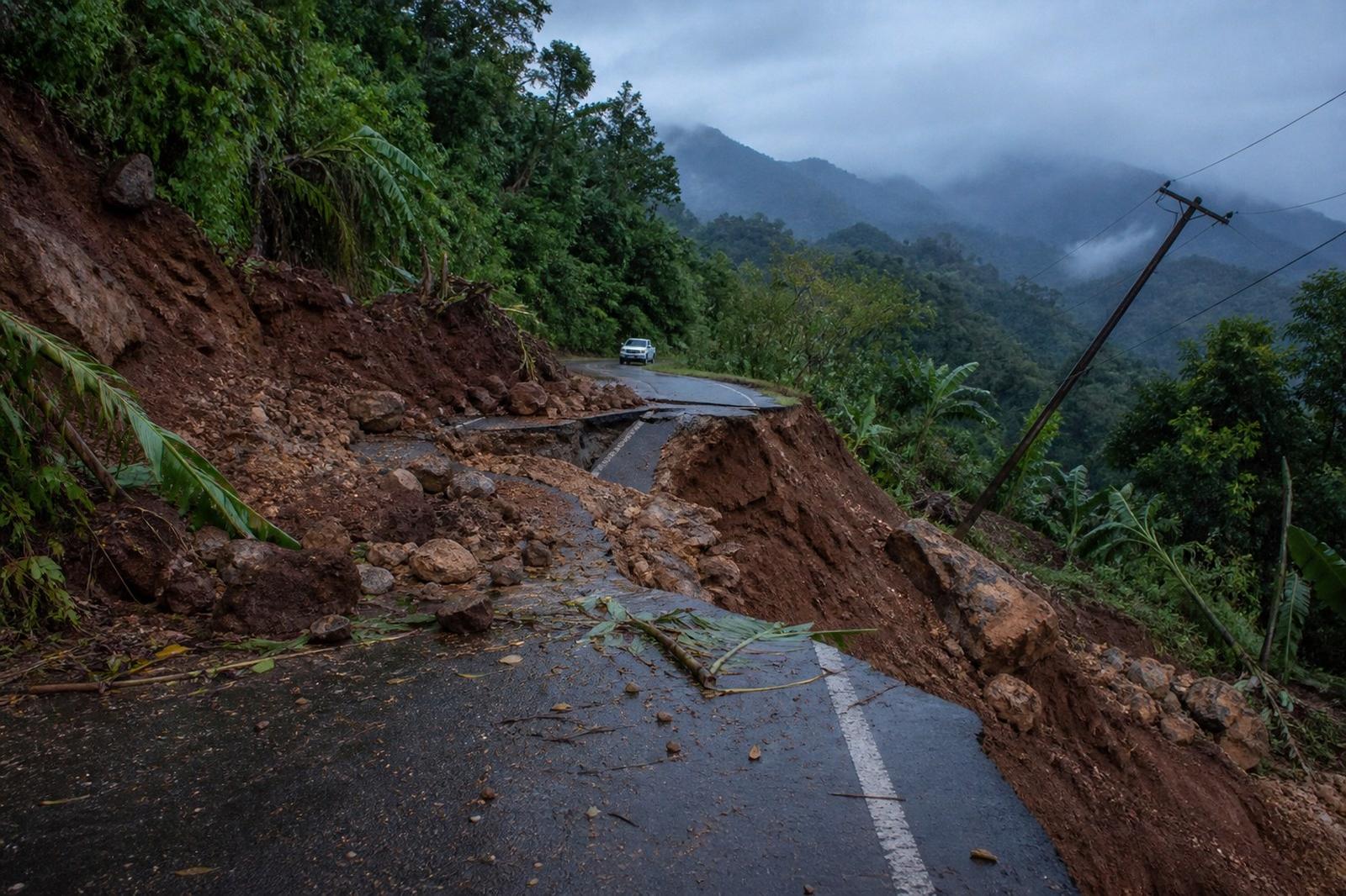 A mountain road on Flores blocked by a landslide after an earthquake.