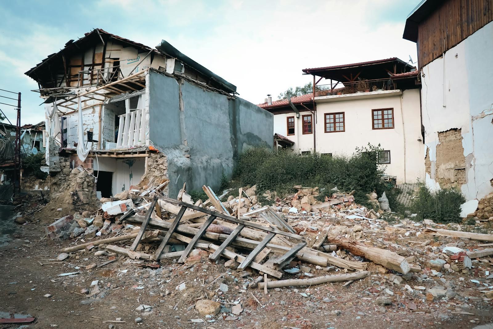 A village reduced to debris after an earthquake.