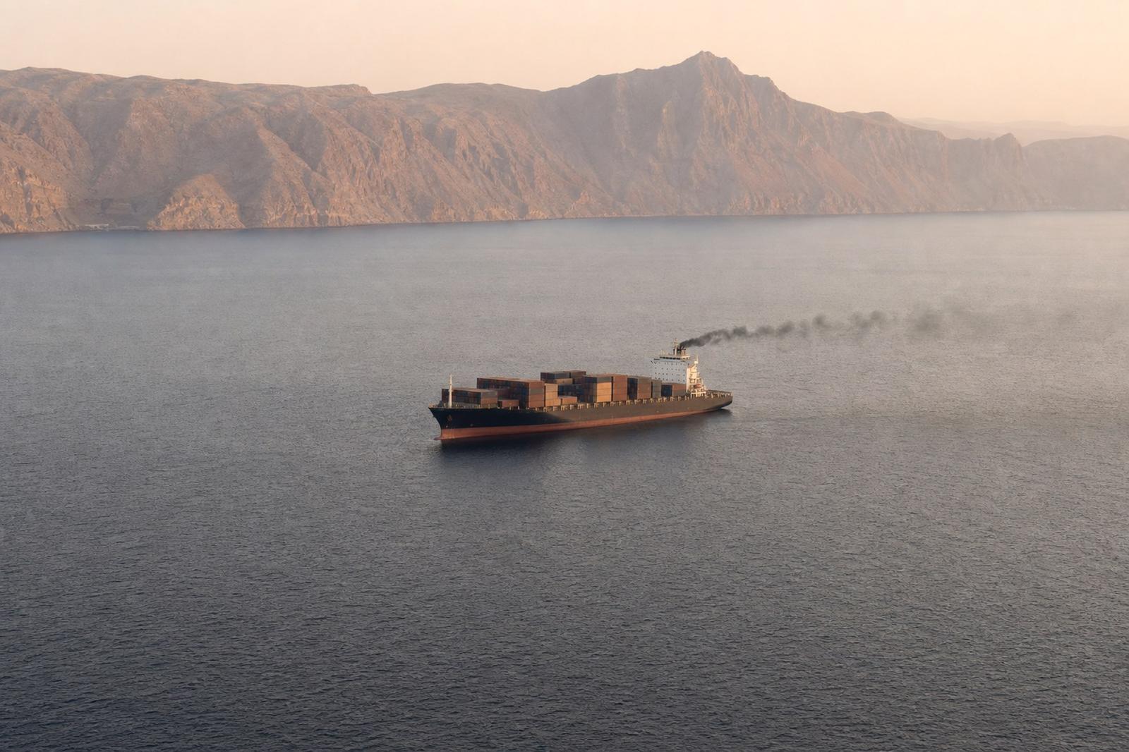 AI-generated image: a container ship lies stopped in the Strait of Hormuz, dark smoke drifting from its stern, hazy mountains on the horizon.