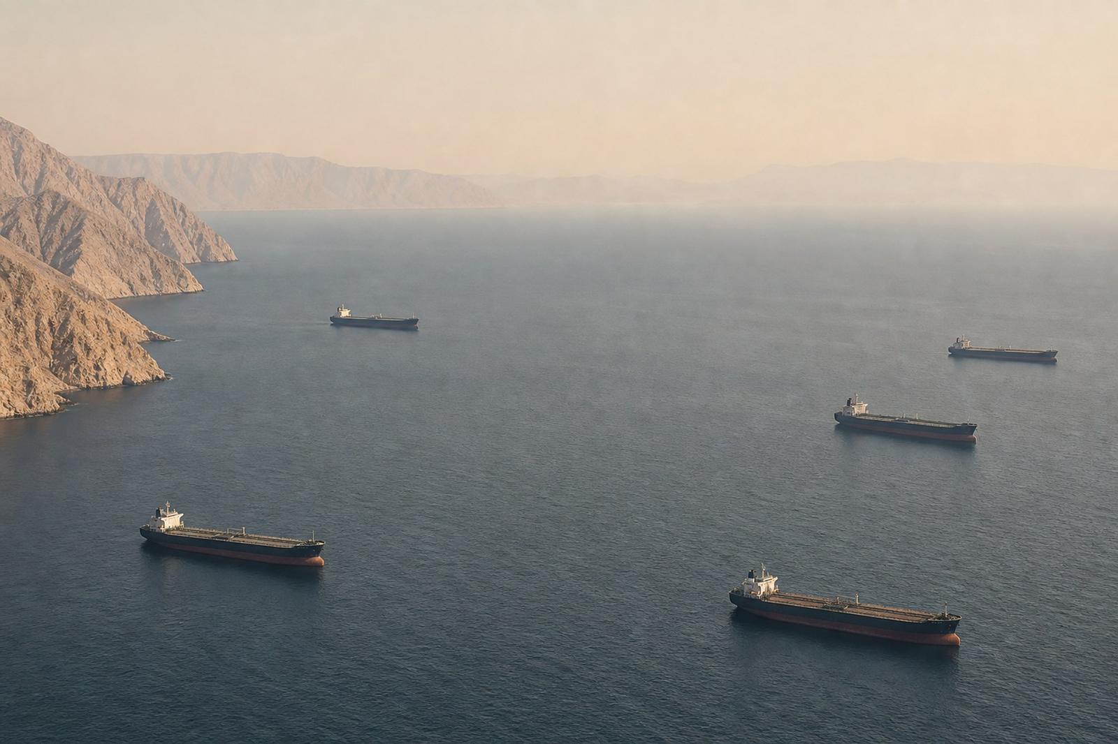 Oil tankers waiting outside the empty shipping lanes of the Strait of Hormuz at dawn.