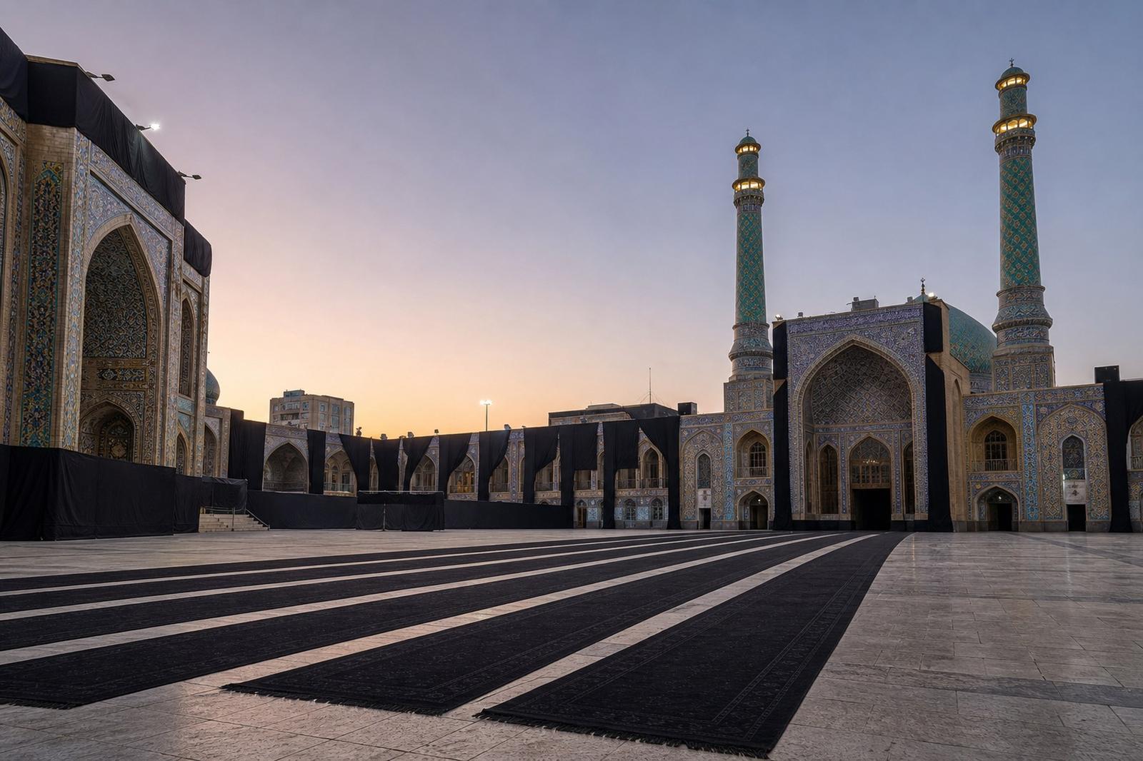 Tehran's Grand Mosalla prayer complex draped in black mourning cloth at dusk, with empty prayer carpets across the forecourt