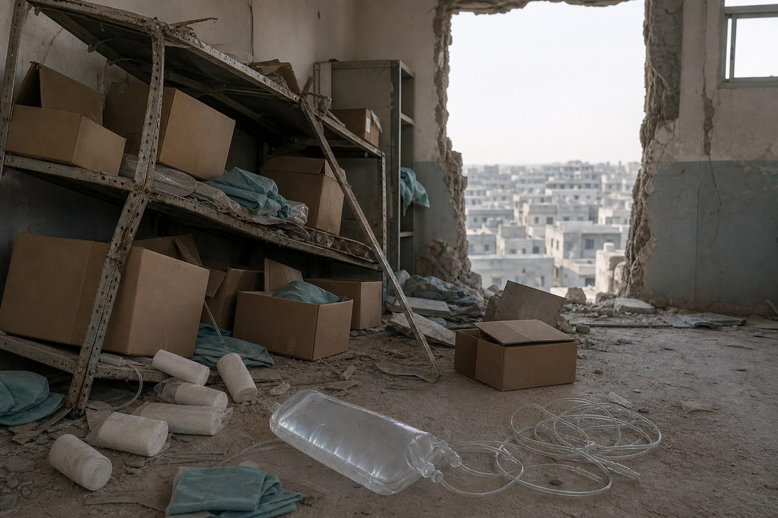 Beschädigte Regale und Medikamentenkartons in einer illustrativen Lagerhalle in Gaza.