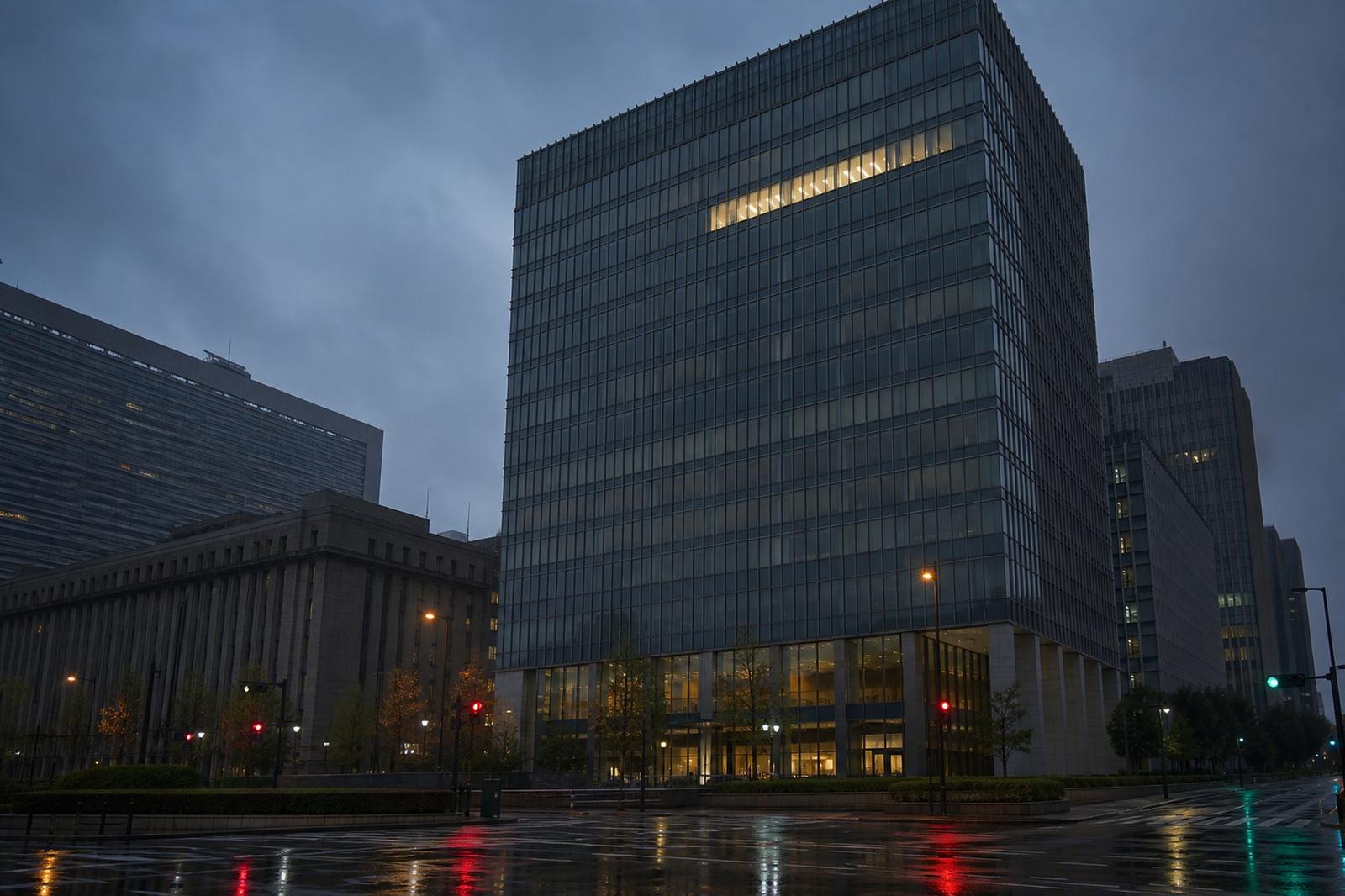 Glass office tower in central Tokyo at dusk, one high floor lit behind closed blinds