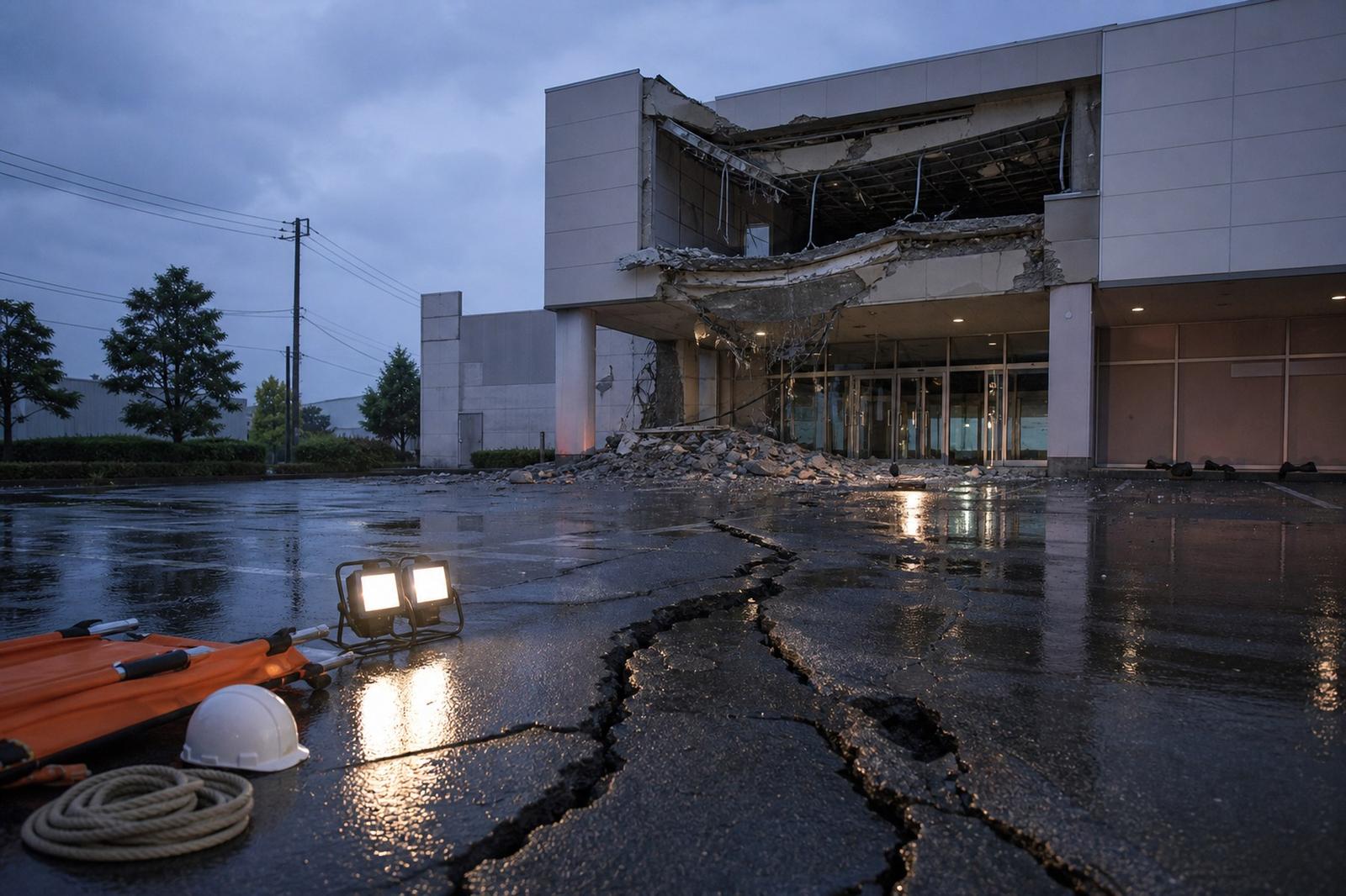 Illustrativ Vue op gerëssenen Asphalt a Rettungsmaterial virun engem nom Äerdbiewen zouenen Akafszentrum.
