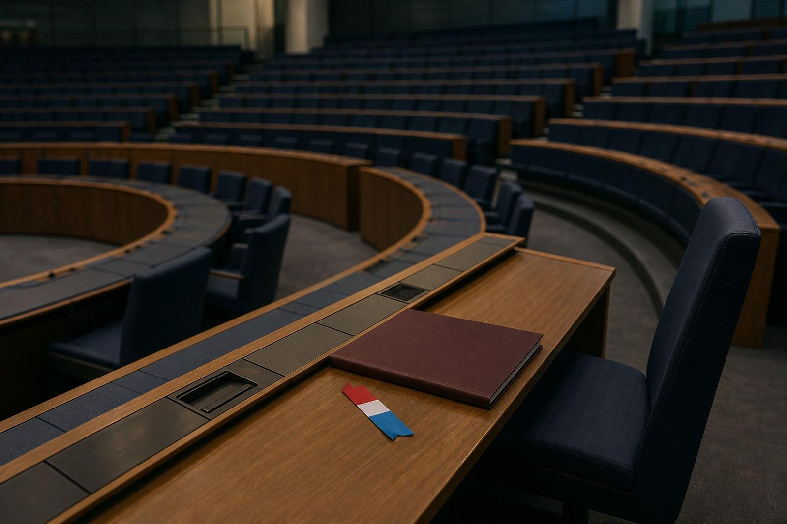 Un siège vide sur les bancs bleus d'un hémicycle parlementaire, un petit drapeau luxembourgeois sur le pupitre, les autres rangées plongées dans l'ombre.