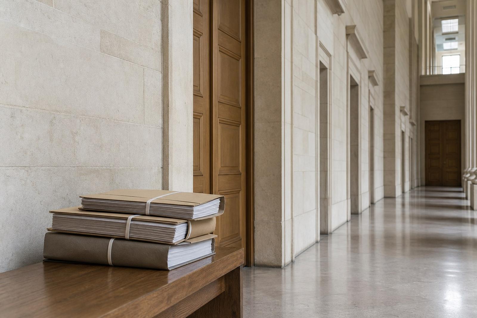 Case files on a bench in an empty corridor of Luxembourg’s judicial complex.