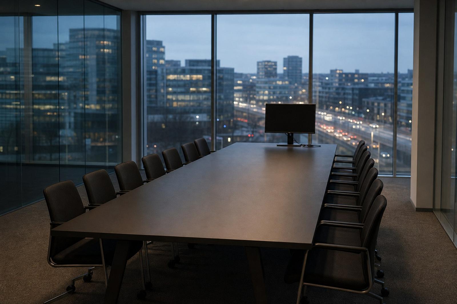 An empty glass-walled meeting room at dusk with a long bare table, chairs pushed in and blurred city lights beyond the window.