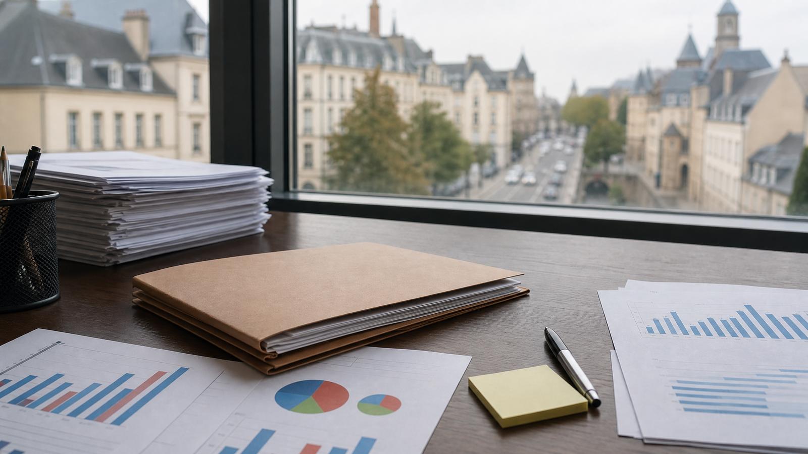 Printed crime statistics charts and a report folder on a desk near a Luxembourg street window.
