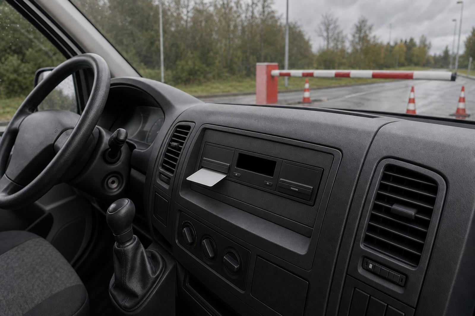 Tachygraphe intelligent ouvert et carte de conducteur dans un utilitaire blanc sur une aire de contrôle luxembourgeoise