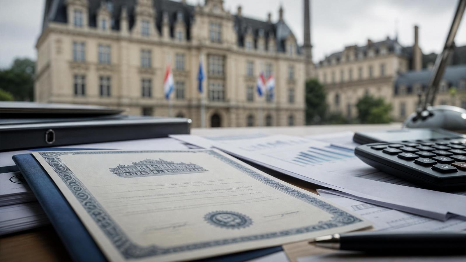 Government bond documents and a calculator in a Luxembourg finance setting.