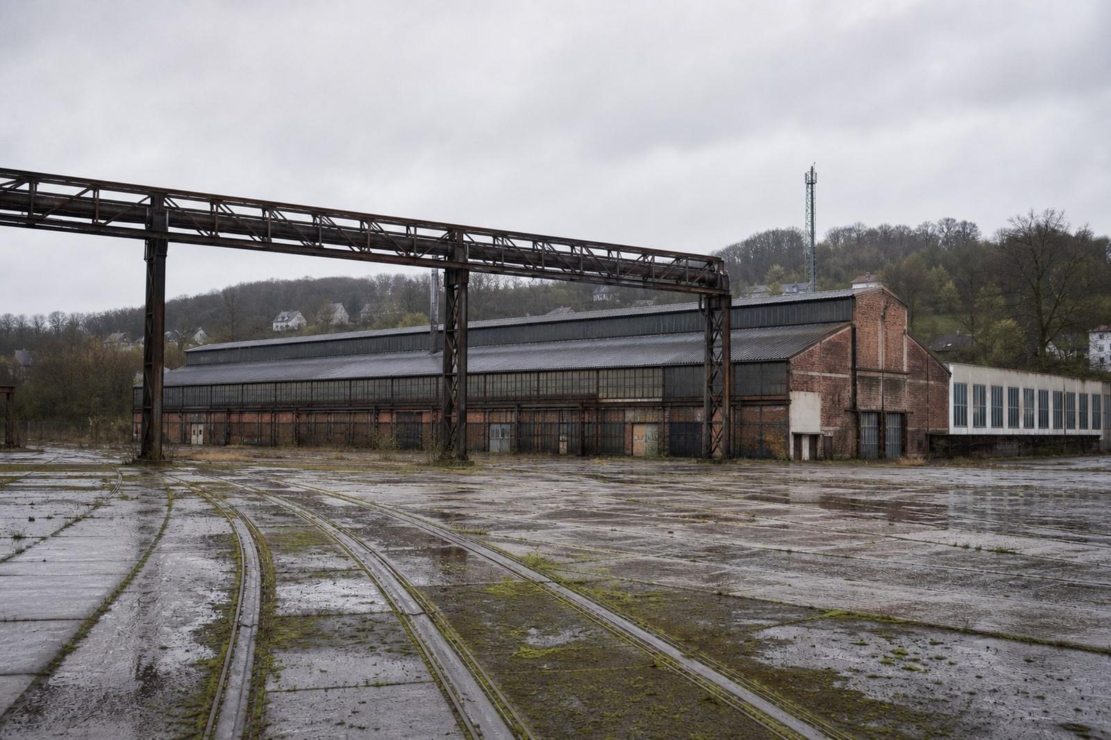 Empty industrial workshops on a former steelworks site in Dudelange.