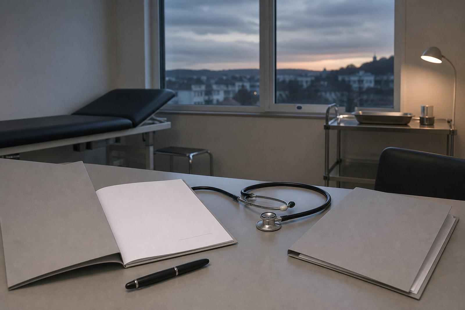 Un cabinet médical vide, avec un stéthoscope et deux dossiers non signés sur le bureau.