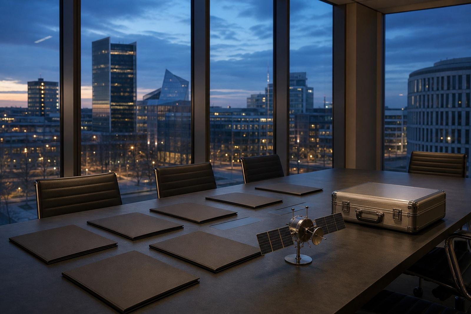 Empty financial boardroom overlooking Kirchberg with loan files and a locked steel case.